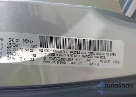 2019 Dodge Grand Caravan Sxt из США, поврежденный, VIN 2C4RDGCGXKR773158